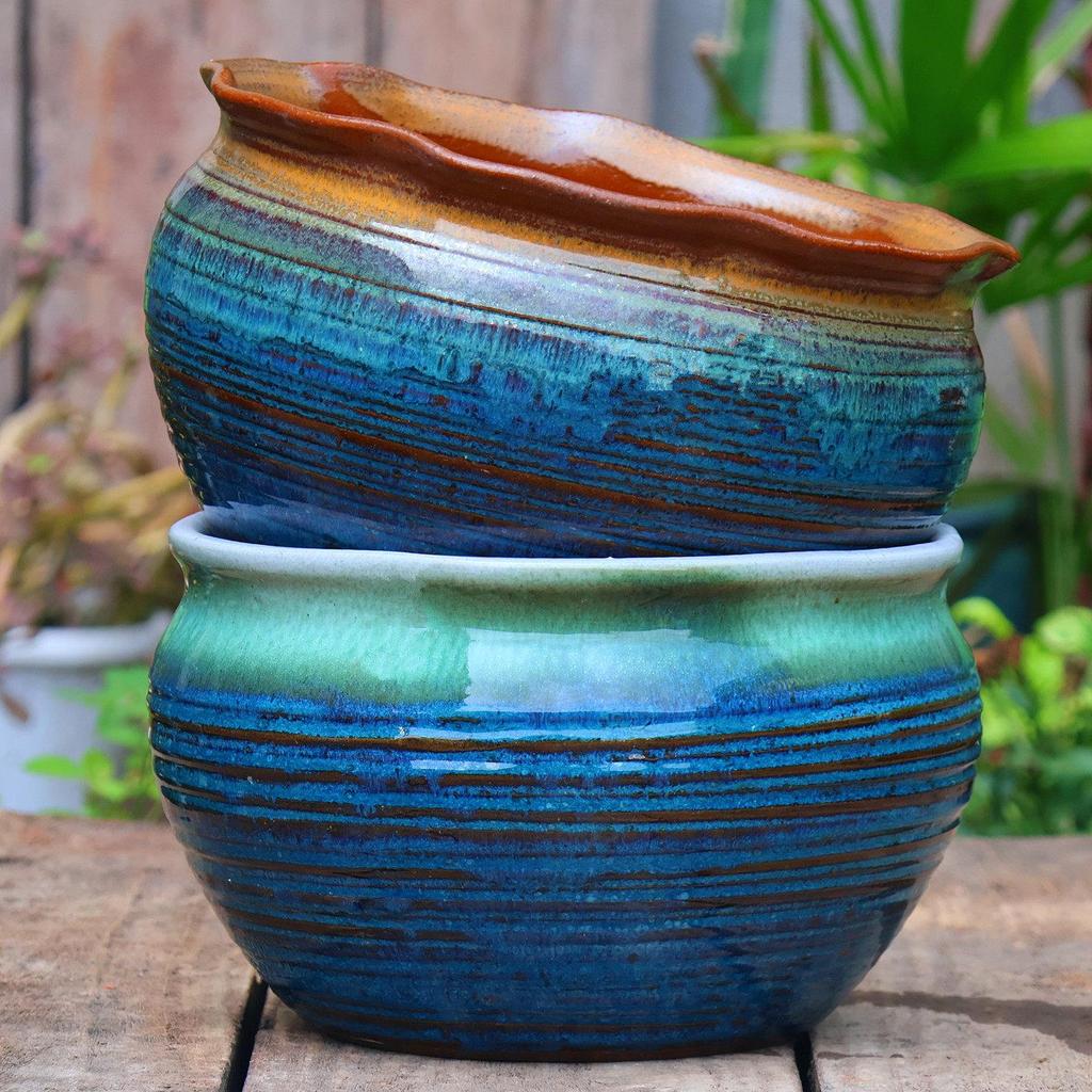 Large Coarse Pottery Green Planter: Ceramic Flower Pot for Succulents, Orchids, and Plants