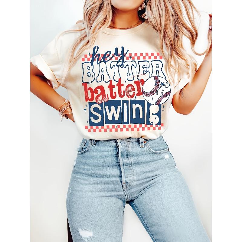 European size Women's Soft Breathable Round Neck T-Shirt - "Bat-ter Swinging!" Baseball Graphic Print, Casual Short Sleeve Tee for Spring Summer