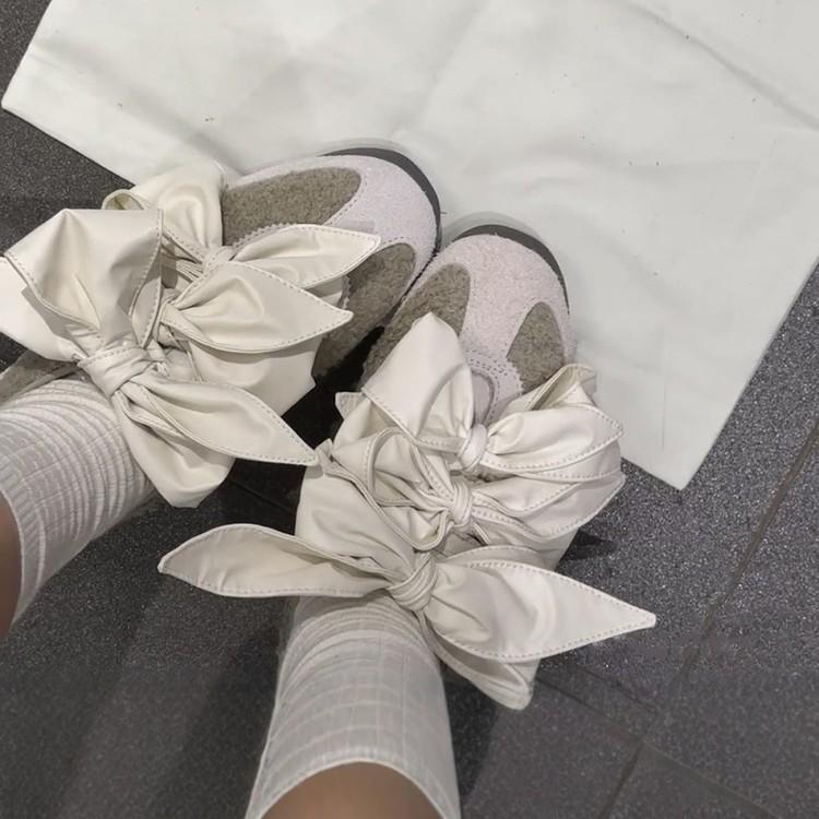 Cowhide version~ bow color matching round head German training shoes women's new versatile lace-up splicing casual Forrest Gump shoes board shoes