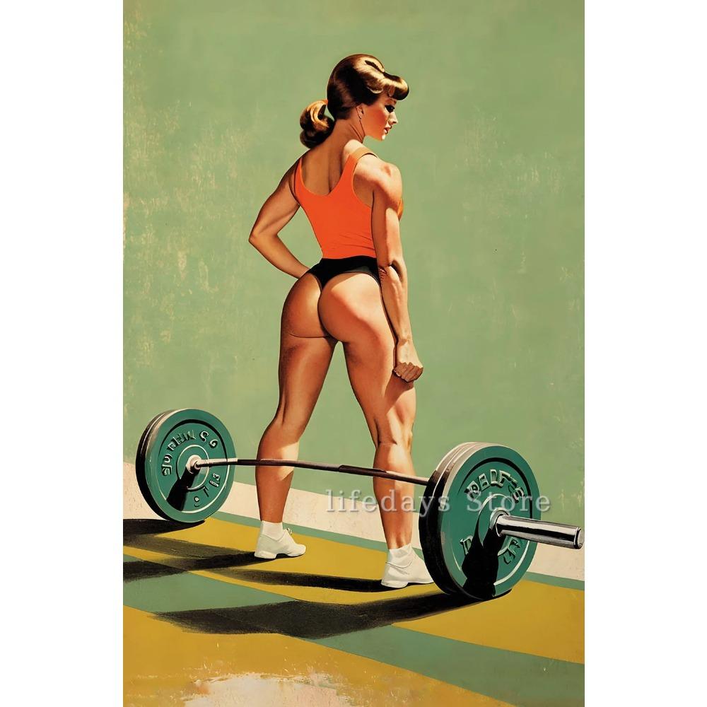 Poster and Print Canvas Painting Body Building Weightlifting Wall Art Picture for Gym Room Decor Retro Girl Exercise Fitness
