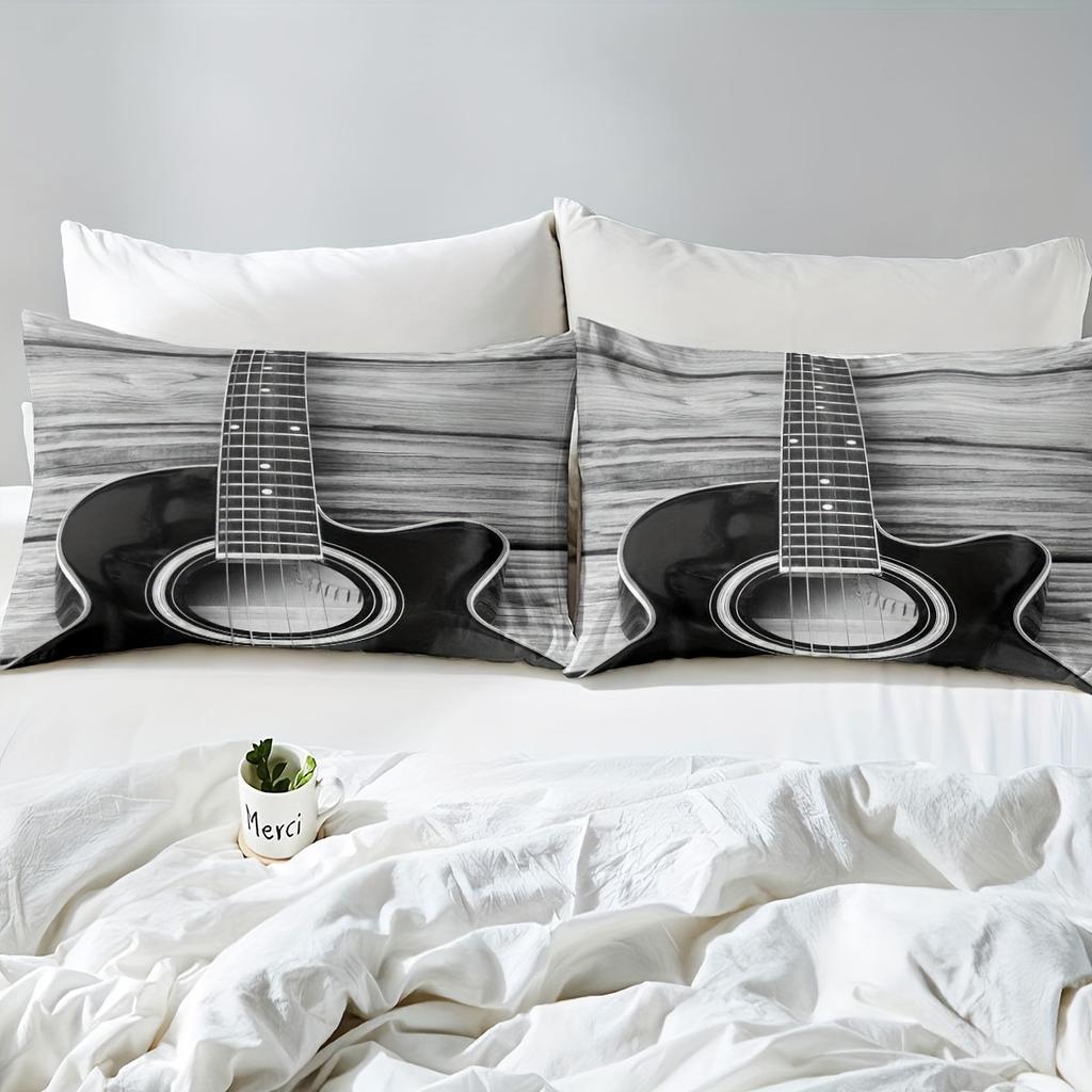 2/3pcs Vintage Guitar Print Soft Duvet Cover Set - Comfortable Bedding for Bedroom and Guest Room with 1 Duvet Cover and 1/2