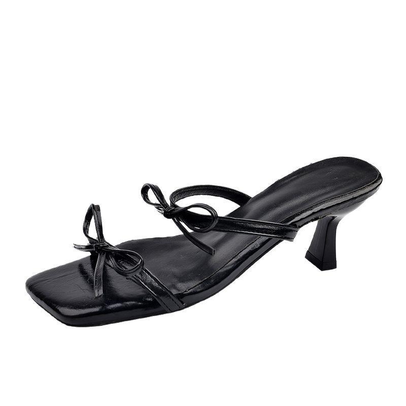 Square head bow temperament high heels 2025 summer new large size fairy style sexy outside wearing French cool slippers