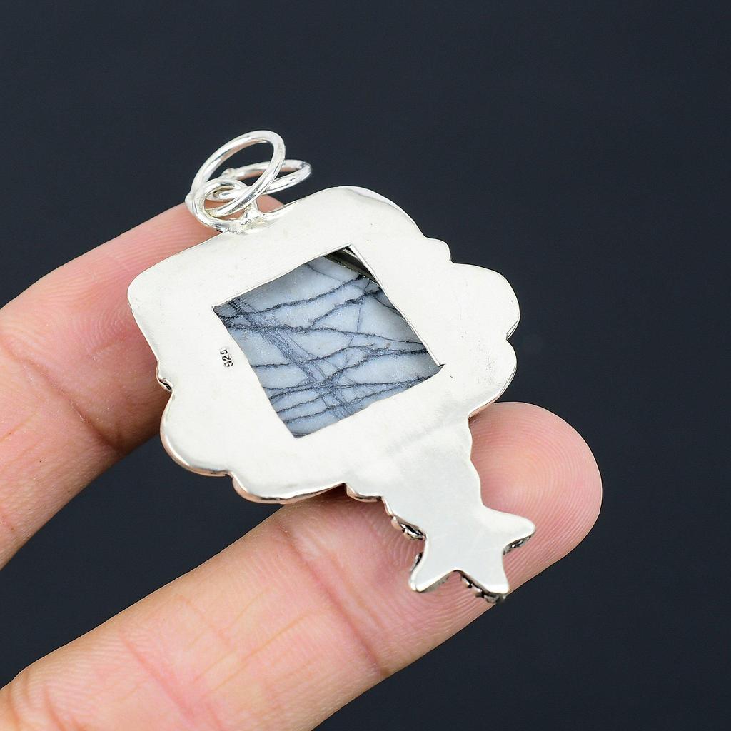 Spider Web Jasper Gemstone Anniversary Flower Pendant Jewelry Sterling Silver