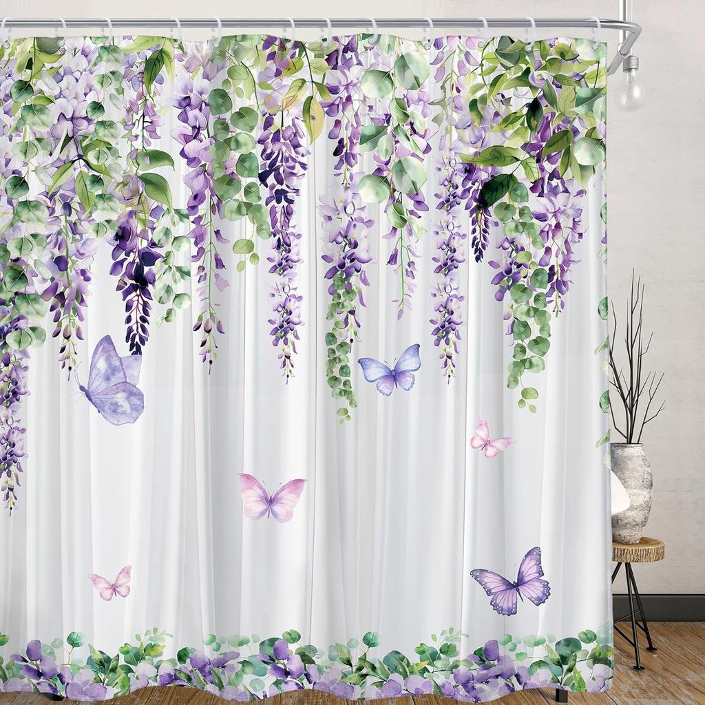 Purple Butterfly Lavender Shower Curtain, Rustic Spring Botanical Lilac Floral Decor with Hooks