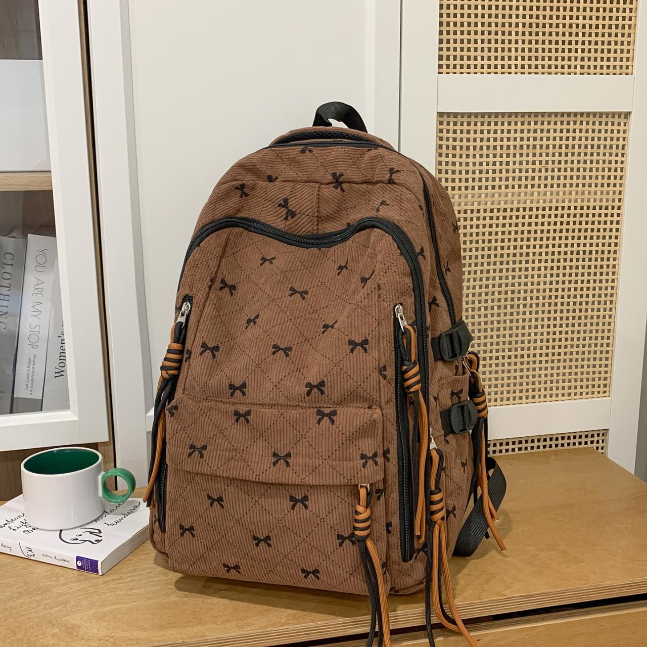 

Bow Print Corduroy Backpack Casual Fashion Daily Bag Large Capacity School Bag for Students Minimalist Design Commute Travel with Tassel Accents 33cm×21cm×47cm коричневий