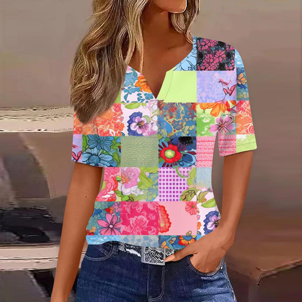 Damska koszulka z nadrukiem, guzikami, krótkim rękawem, codzienna, weekendowa, modna, podstawowa, dekolt w serek, regularna góra