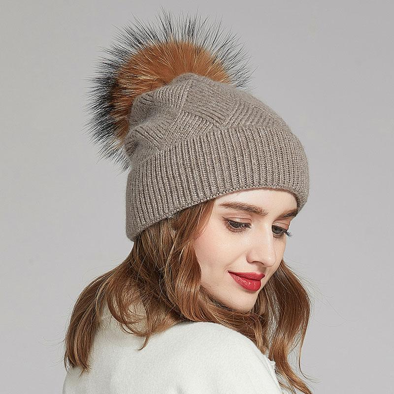 Winter Women Fur Pom Pom Knitted Beanie Hats  Warm Wool Cashmere Beanie Bobble Hat Factory