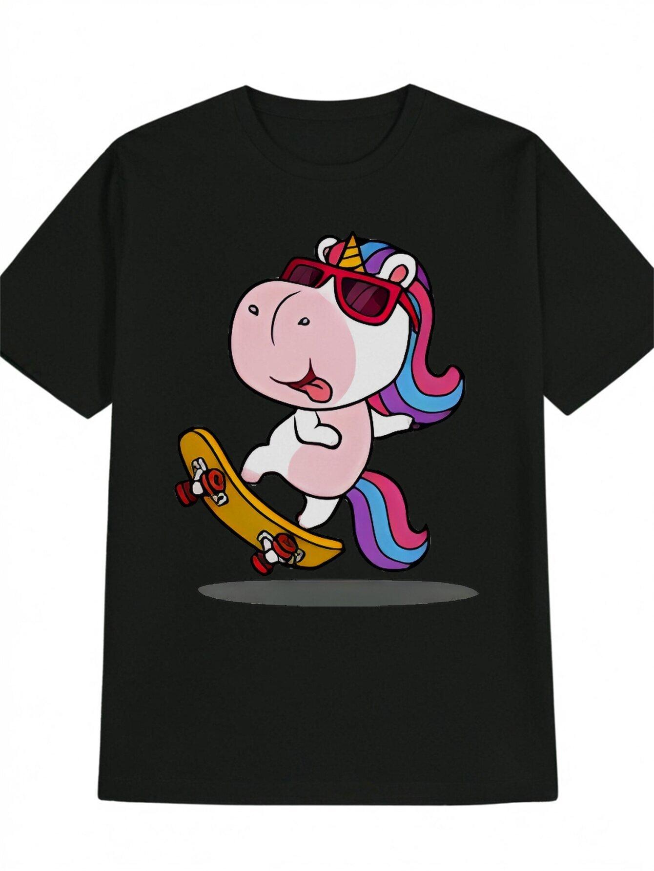 Casual Round Neck T-shirt with Unicorn Skateboard Print - Black Polyester XXXL