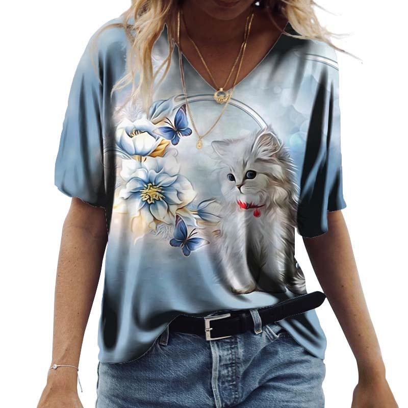 Summer Cat 3D Printed Short Sleeved T-shirt Top V-neck T-shirt