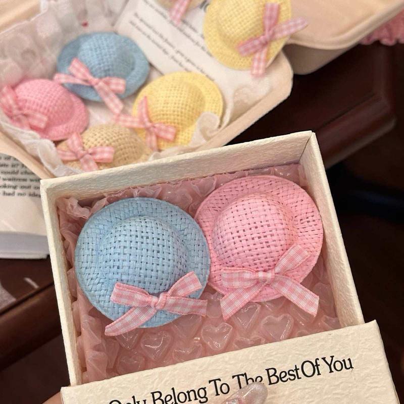 Cute Mini Straw Hat Hair Clips & Hair Ties No Hair Damage Soft Pastel Gingham Bows for Toddler Girls School Daily Wear
