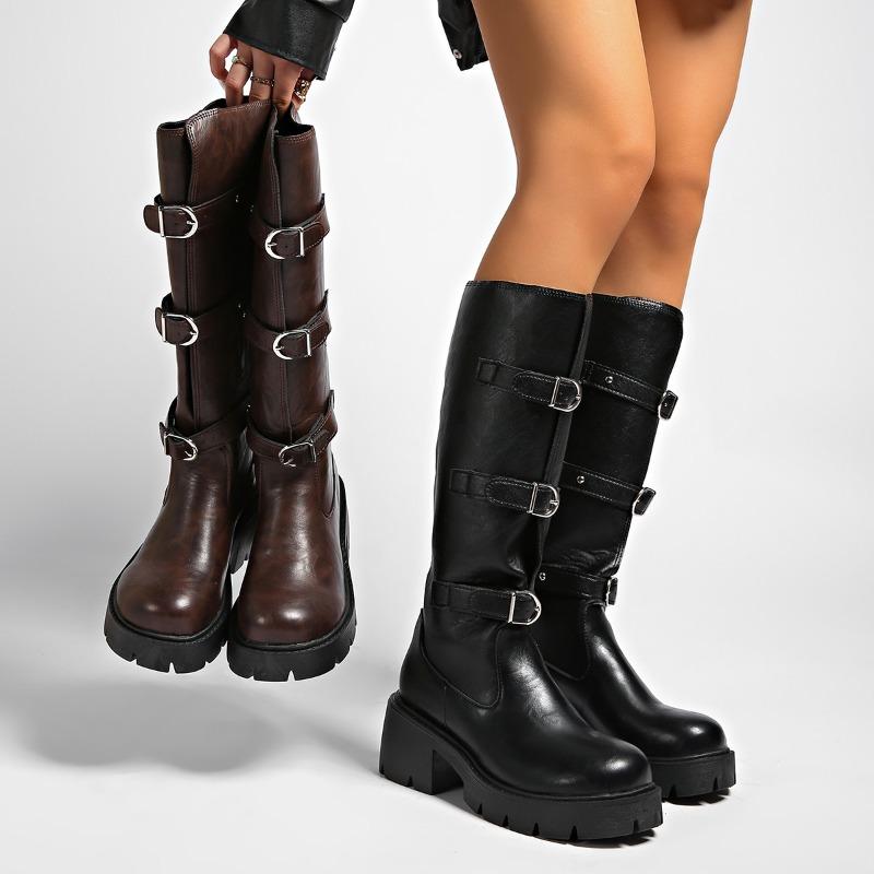 NEW  Autumn platform cowhide Riding boots Pull-on Chunky heels Belt buckle Knee high boots Large size Women's Boots