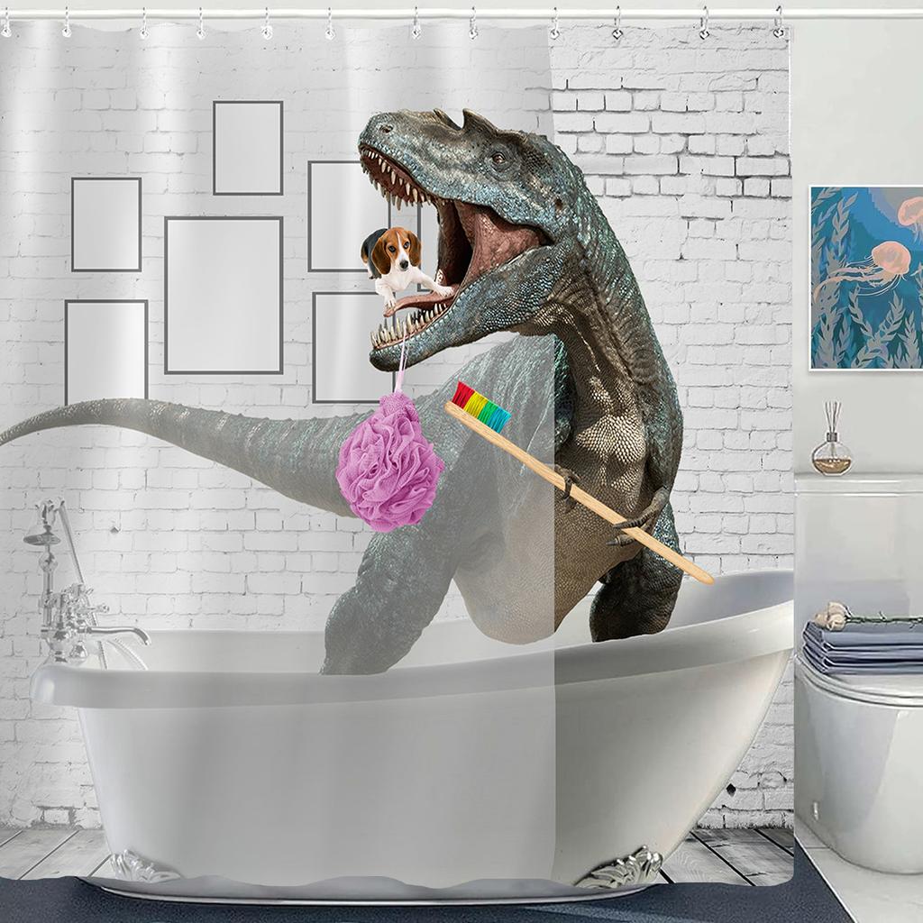Lustiger Hund Dinosaurier Wasserdichter Polyester Duschvorhang Mit Haken Für Badewanne Kreativität Badezimmer Sichtschutz Heimdekoration Wandtuch
