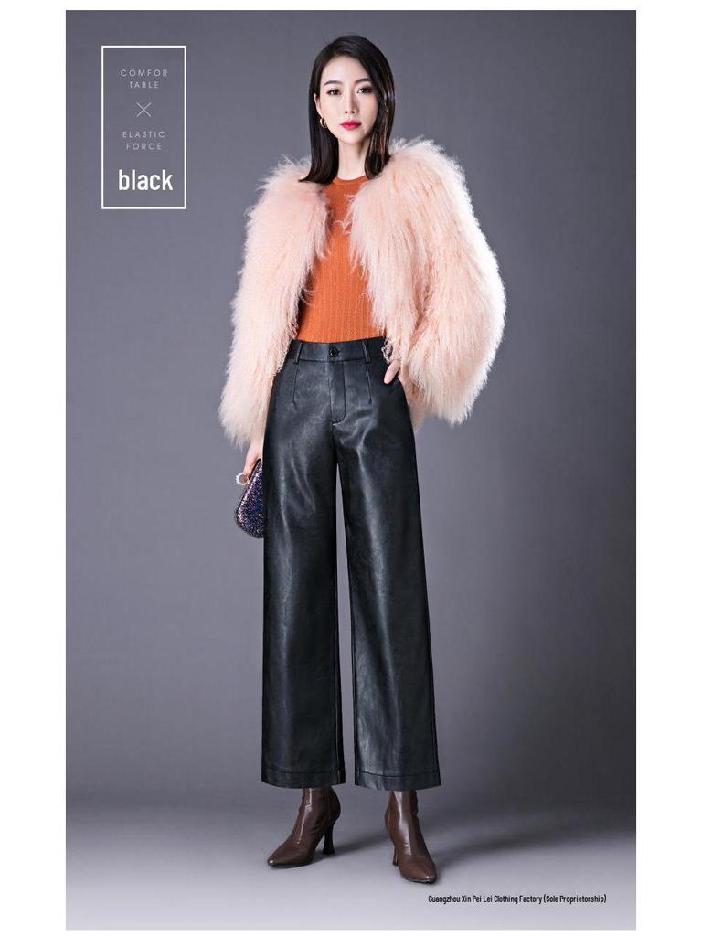 Women's High Waist Sheepskin Straight Leg Leather Pants - Slimming Nine-Point Wide Leg (Autumn/Winter 2025 Collection)