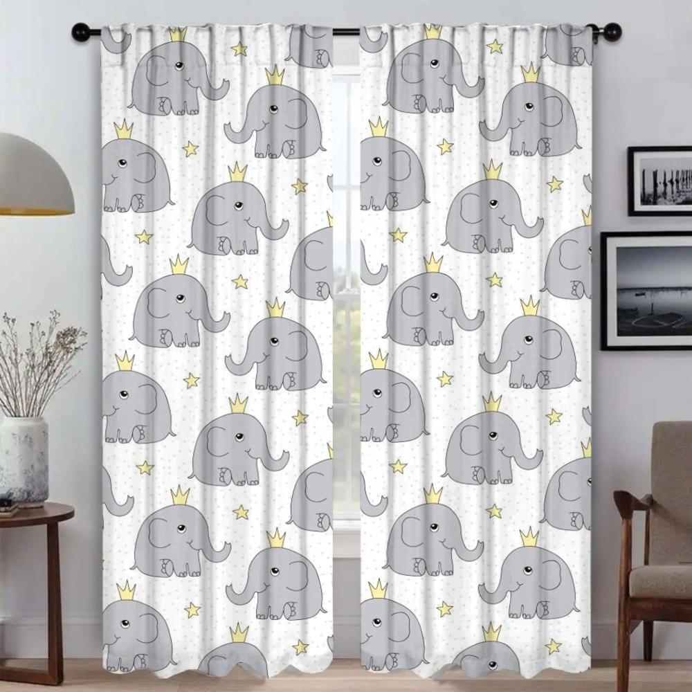 Elephant Carton Window Curtain for Room 2 Panel Shades Partition Anti-mosquito Curtains Home Interior Curtains Living Kitchen
