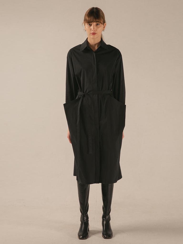 Beulouendeu Drape Pocket Long Shirt Dress (Black)