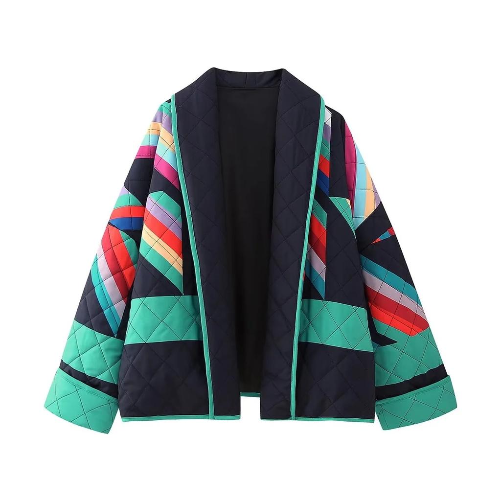 Autumn and Winter New Models, Women's Clothing, European and American Style French Retro Casual Splicing Printing Loose Cotton Clothes, Jackets