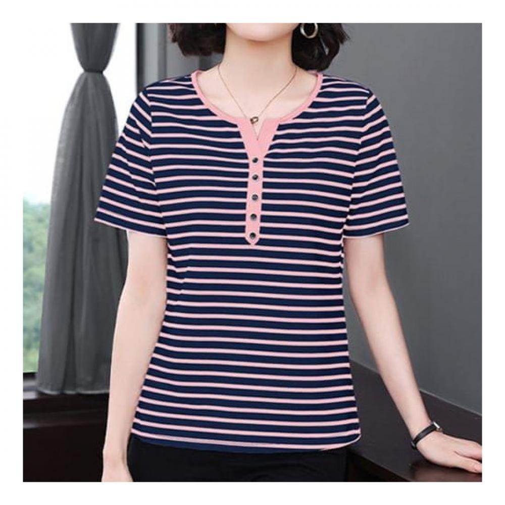 Navava NT1823 Casual STripe BuTTon Trim Neck ShorT Sleeve T shirT