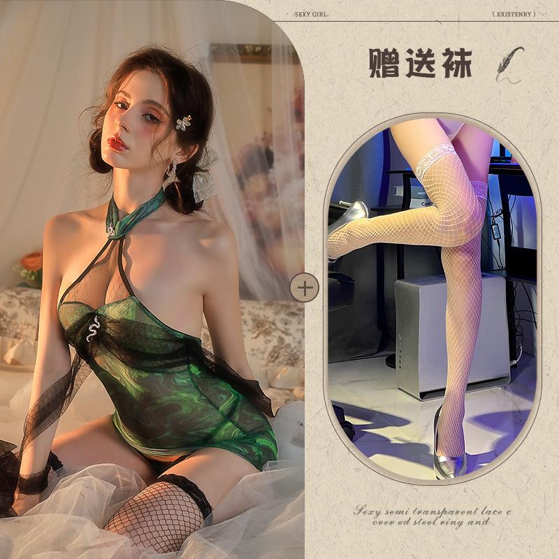 Fairy green snake cheongsam cos sexy stand-up collar hanging neck silk see-through hip wrap uniform reticulated dress