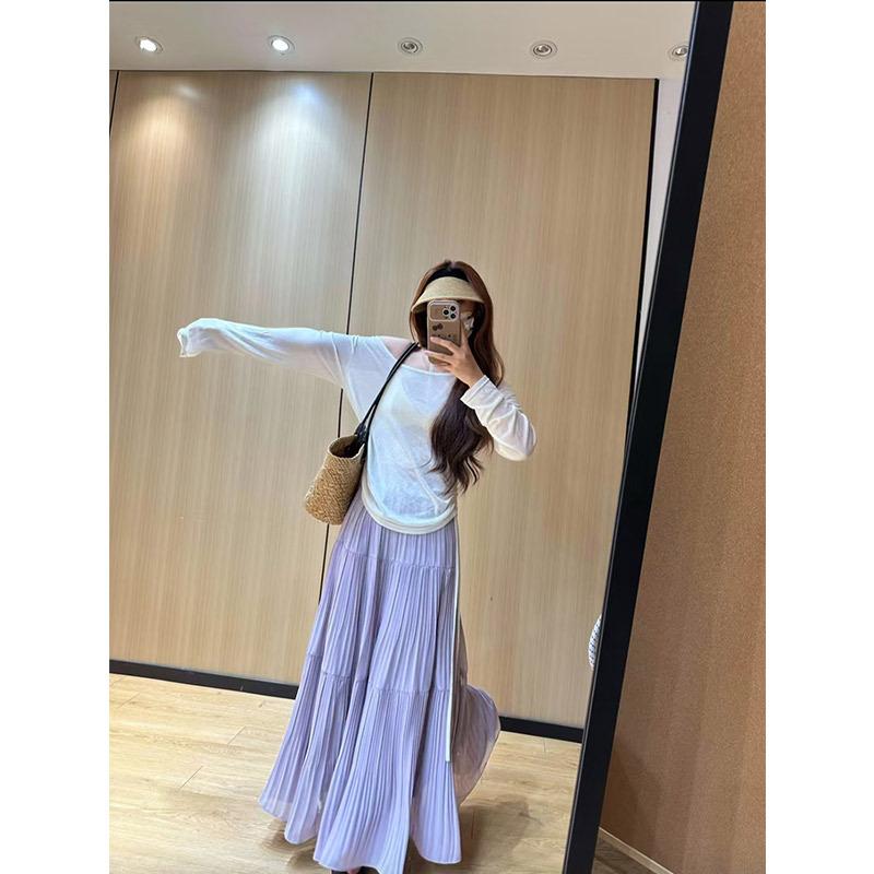 Women Spring and Summer Trend High Waist Pleated Long Skirt Casual Elegant Solid A-line Big Swing Skirt Girl Half Fairy Skirt