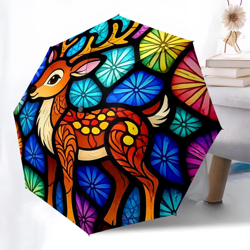 

1pc Colorful Stained Glass Deer Design Automatic Folding Umbrella - Portable 3-Fold Design with 8-Bone Iron Frame, Perfect for Outdoor Use, Festive Gi