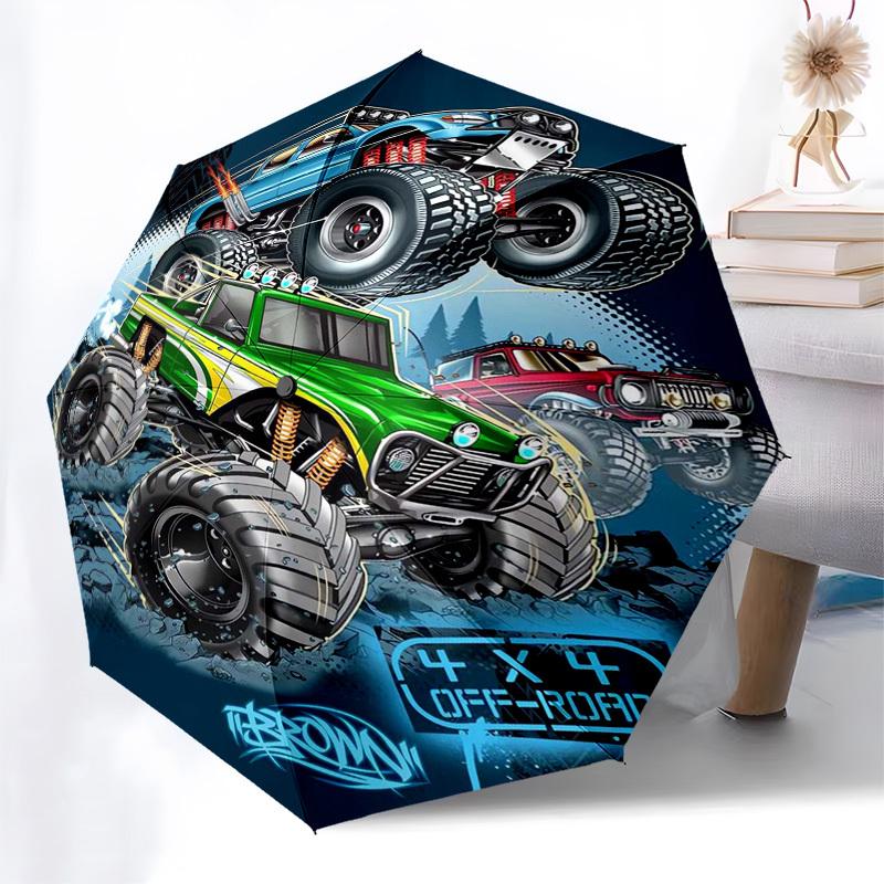 Monster Trucks, Off-Road Adventure Themed Automatic Opening and Closing Umbrella, Compact Travel Umbrella, Lightweight and Portable, Suitabl
