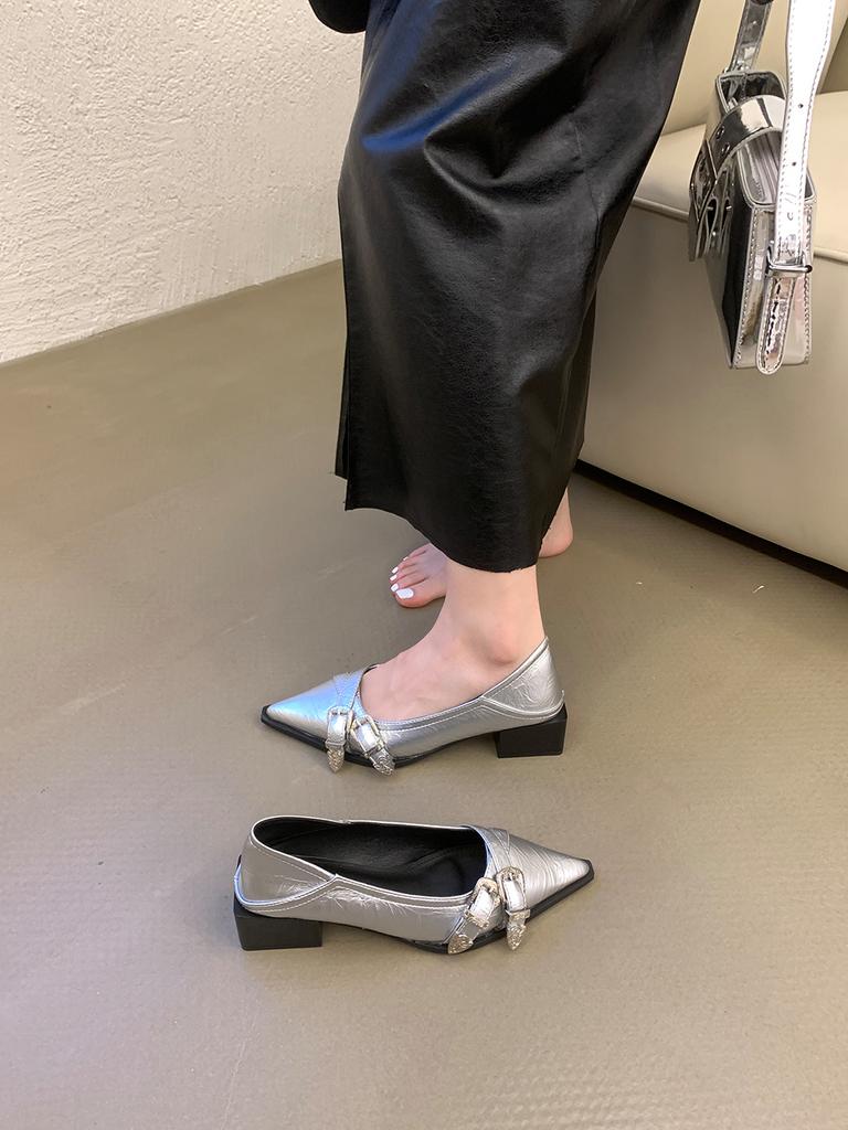 Fashion Pointed Toe Women Loafers Black Silver Brown Mid Heeled Belt Buckle 2024 New Arrivals Fashion Dress Shoes Woman Size 35-39 Pumps