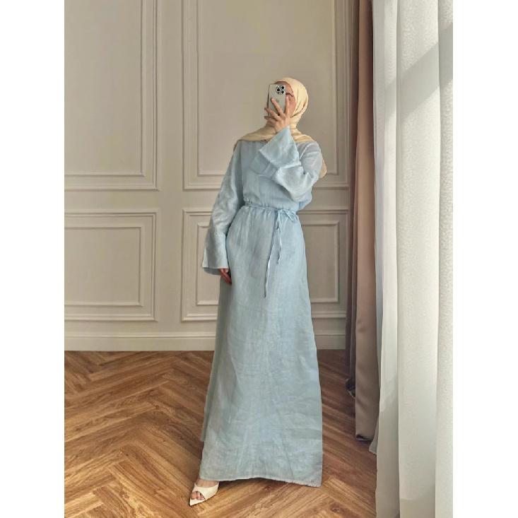 Women' Dresses Elegant O-Neck Cotton Lined Back Lace Up  Flare Sleeve Waist Cinching Long Robes Female Summer Lady Dress
