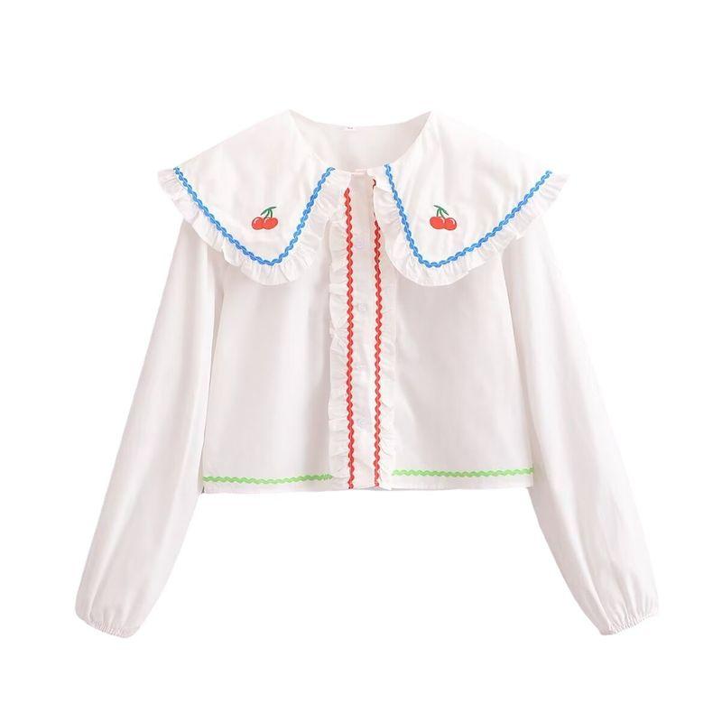 

Kaslead New Arrival Women s Fashion Style Fashion Casual Minimalist Cherry Embroidery Short Shirt White L