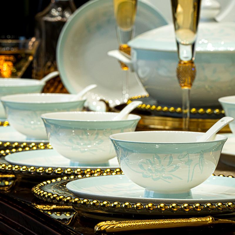 Tangshan Bone China Tableware Set: Underglaze Rice Bowls, Plates, Noodle & Soup Bowls, Chopsticks Combination.