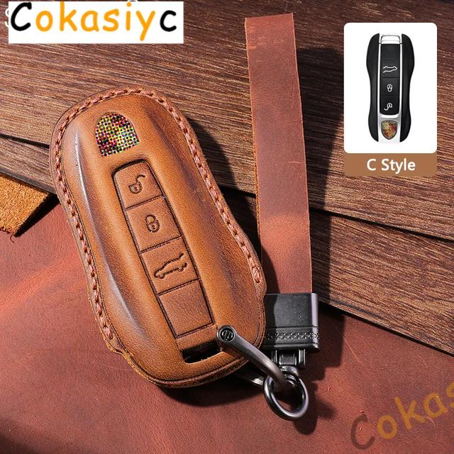 AABKR1 Leather Car Key Case Cover For Porsche Macan 911 Panamera Cayenne 2018 Replacement Boxster 986 987 981 Remote Fob Shell Keychain