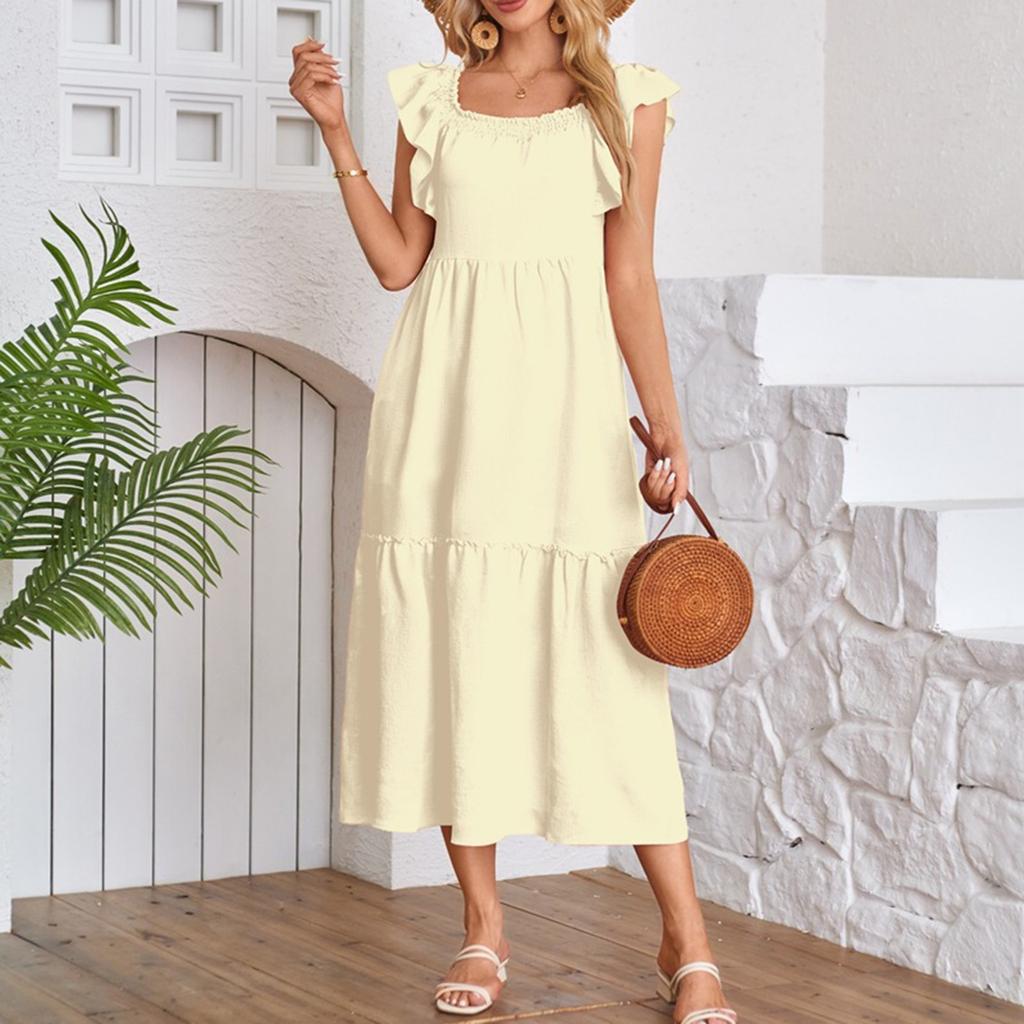 Women's Fashion Loose Fly Sleeve Square Neck Strapless Pleated Splicing Ruffle Hem Dresses
