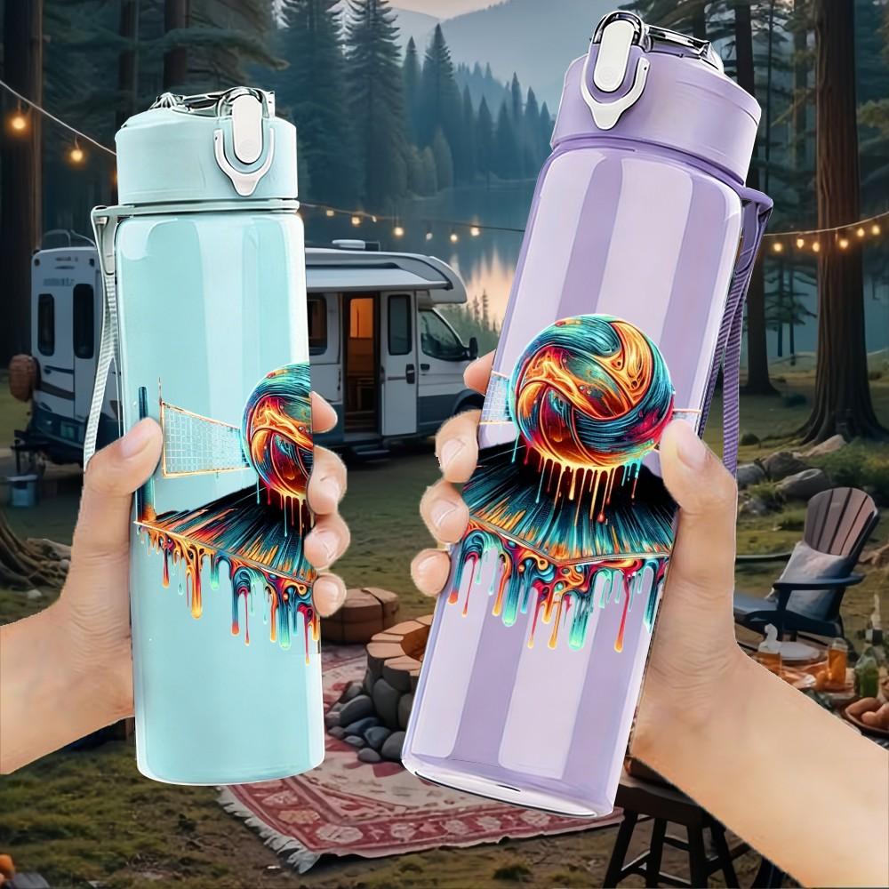 1PC Volleyball Fire Explosion Art Print 750ml Color Plastic Sports Water Bottle Leakproof Flip Straw Lid Suitable for Sports Office Home Use