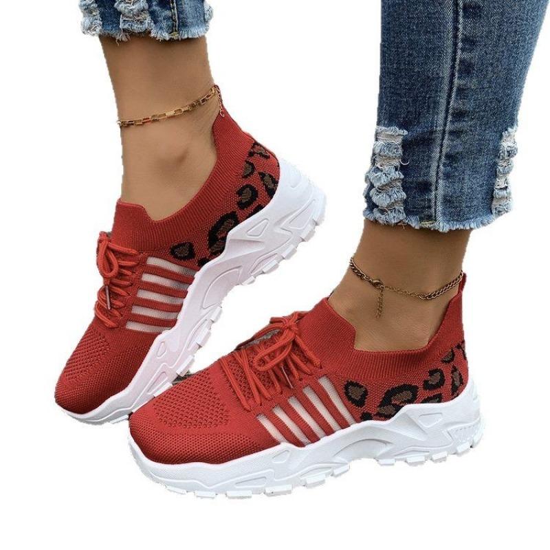 Large Size Fly-woven Sneakers Spring and Summer New Round Head Muffin Sole Leopard Print Breathable Single Shoes