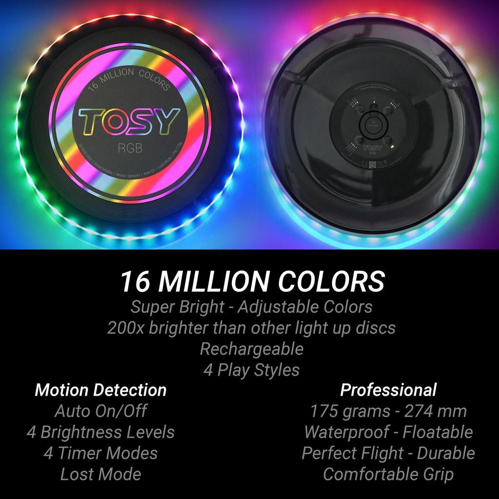 TOSY Flying Disc 16 Million RGB Colors 36 LEDs Super Bright Smart Mode Auto Light-Up Rechargeable Christmas Birthday Camping Gift 175g Frisbee
