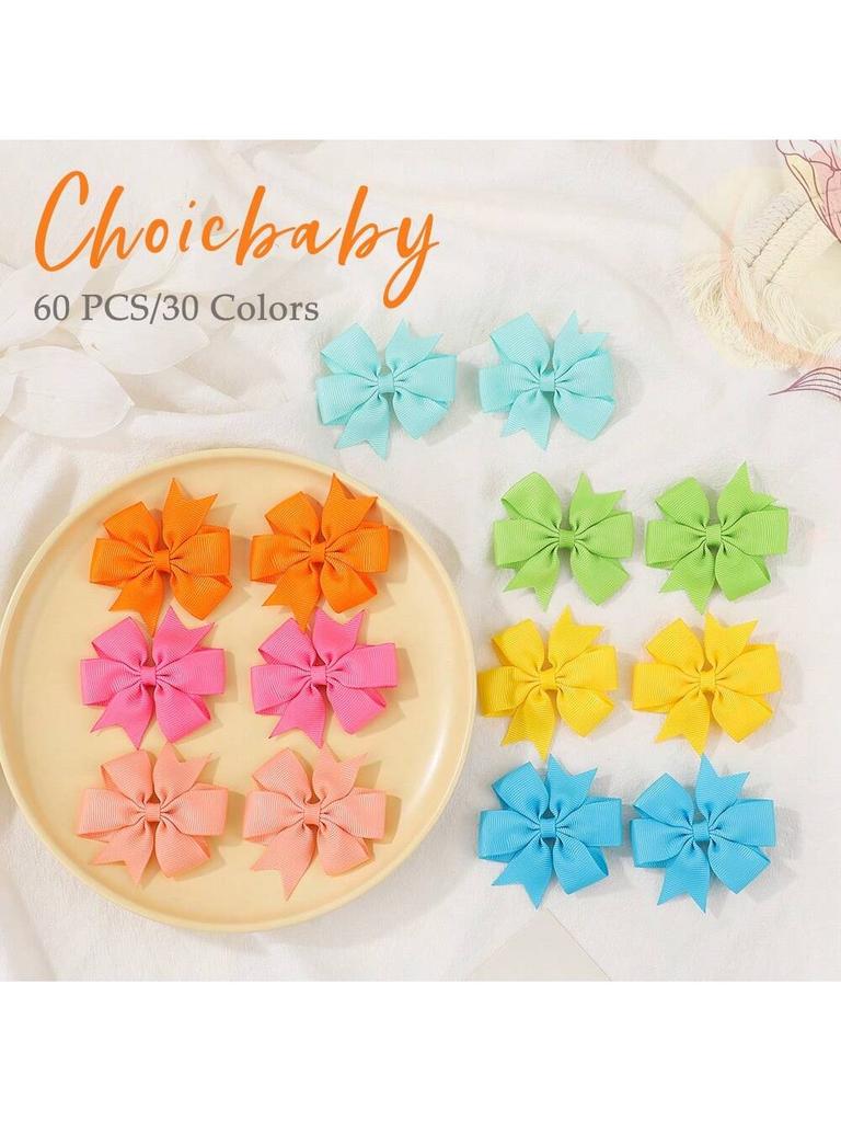 60pcs 2.5'' Ribbon Kids Bows Hair Clips for Baby Girls Random Solid Color Pinwheel Toddler Hairgripes Headwear Hair Accessories
