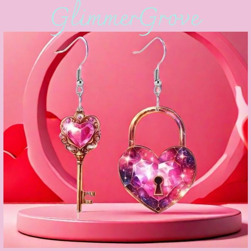 Sweet Heart Shaped Lock And Key Design Acrylic Women Pink Earrings Jewelry For Women And Men