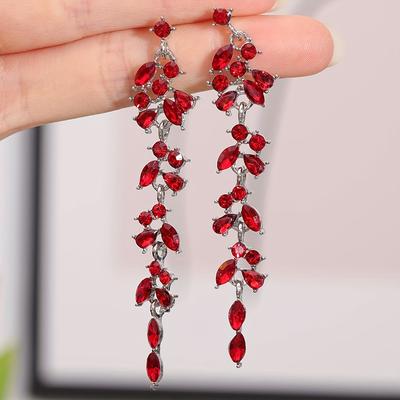 Bunte, glänzende Strass-Intarsien-Blatt-Design, lange baumelnde Ohrringe, böhmischer, eleganter Stil, zarte weibliche Ohrringe
