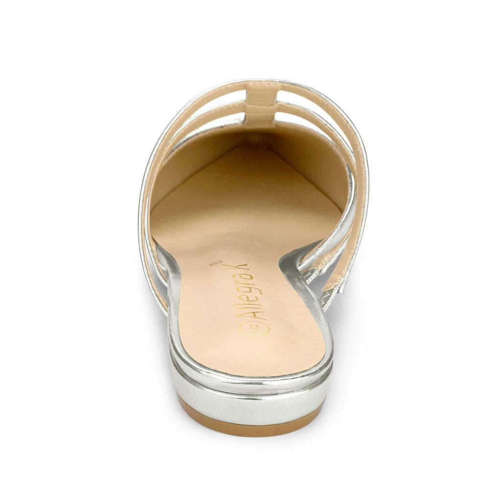 Allegra K Women's Silver Pointed Toe Mules with Low Heels, Size 26.0cm, T-Strap Flats