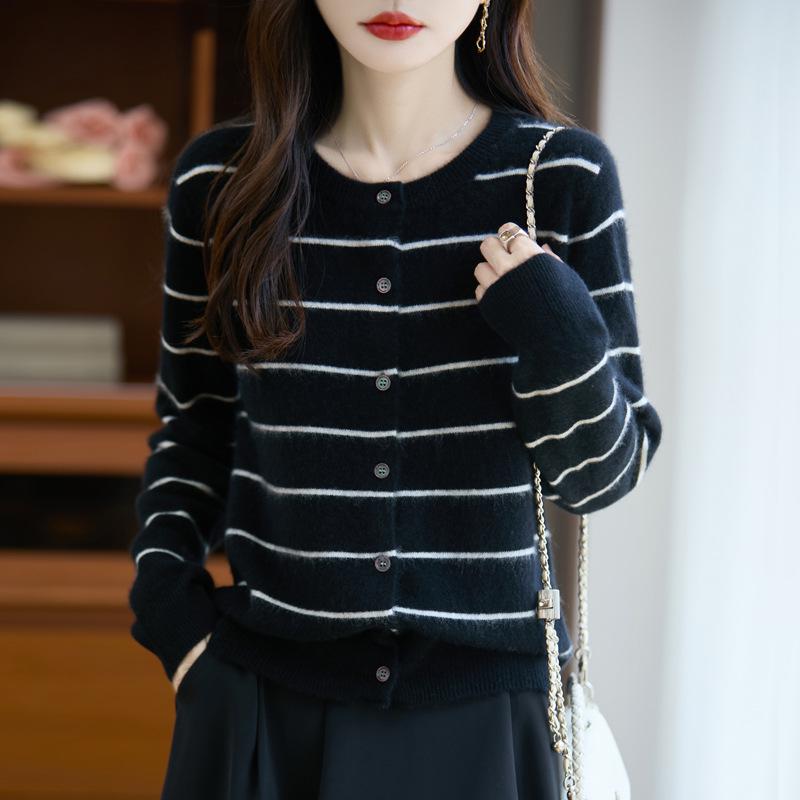 100% Pure Wool Women's Color Block Striped Buttoned Cardigan for 2025 Autumn/Winter