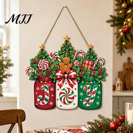 Festive Wall Decoration for Home Christmas Door Sign, Gingerbread Candy Wooden Joy Hanging Wreath, Mason Decor Jar Welcome Sign Front Door,