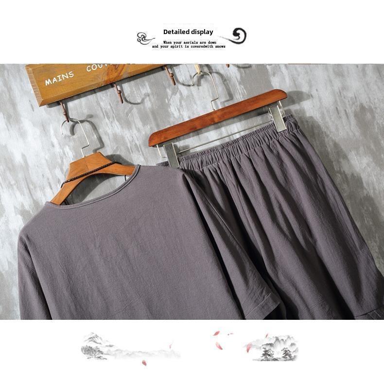 Men's Retro Chinese-Style Cotton & Linen Buttoned Three-Quarter Sleeve T-Shirt and Shorts Set