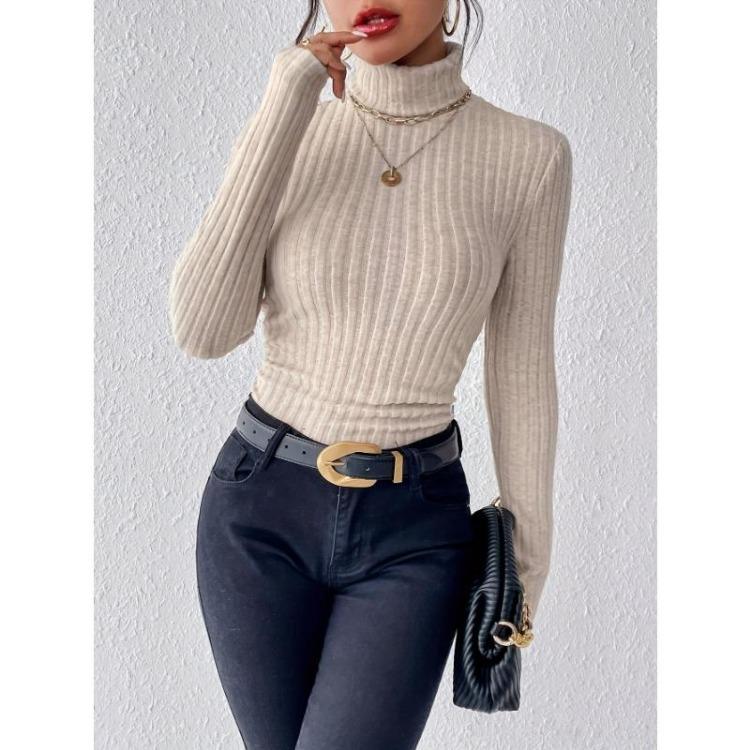 Elegant High Neck Slim Sweater for Women Long Sleeve Solid Color Autumn Winter Clothing