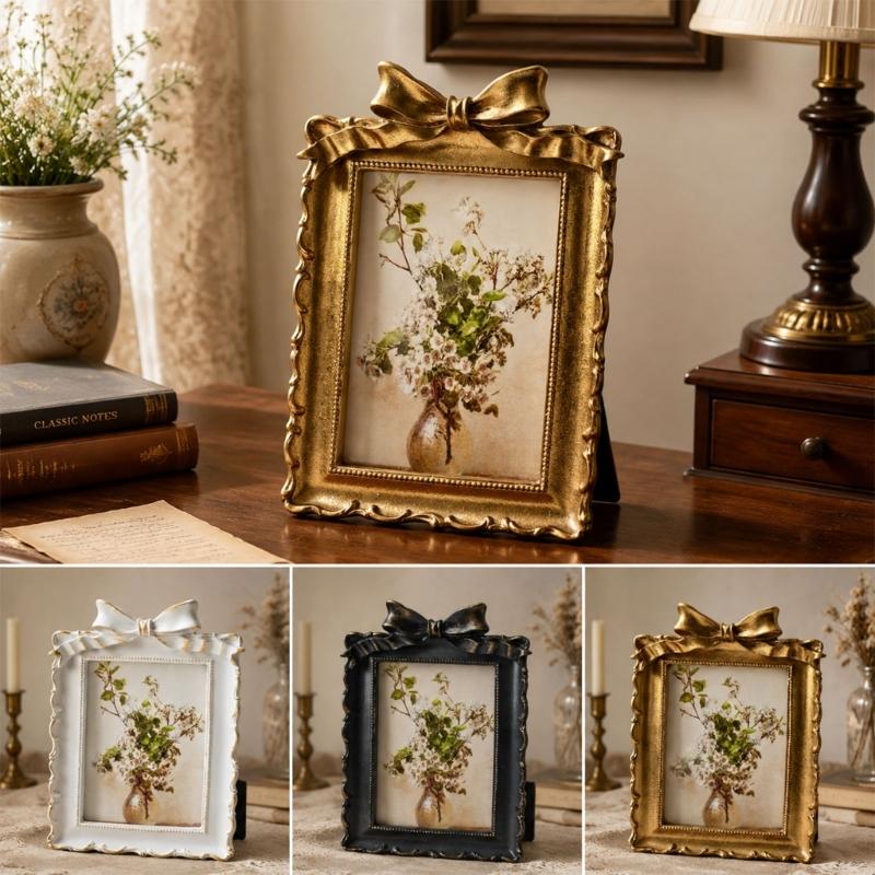Decorative Tabletop Photo Frame with Antique Bowknot Detail, Resin Portrait Frame for Shelf Styling and Home Accent