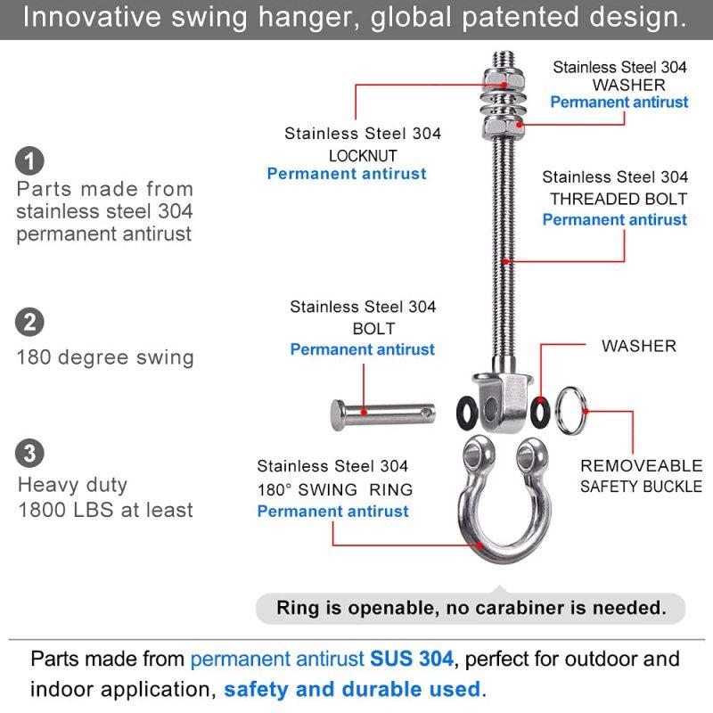 2 ks věšák na dřevěné trámy a I-beam, odnímatelné a snadno připojitelné, houpací háky pro vysoké zatížení z nerezové oceli, pytel na houpací křeslo na jógu, kování pro houpačky