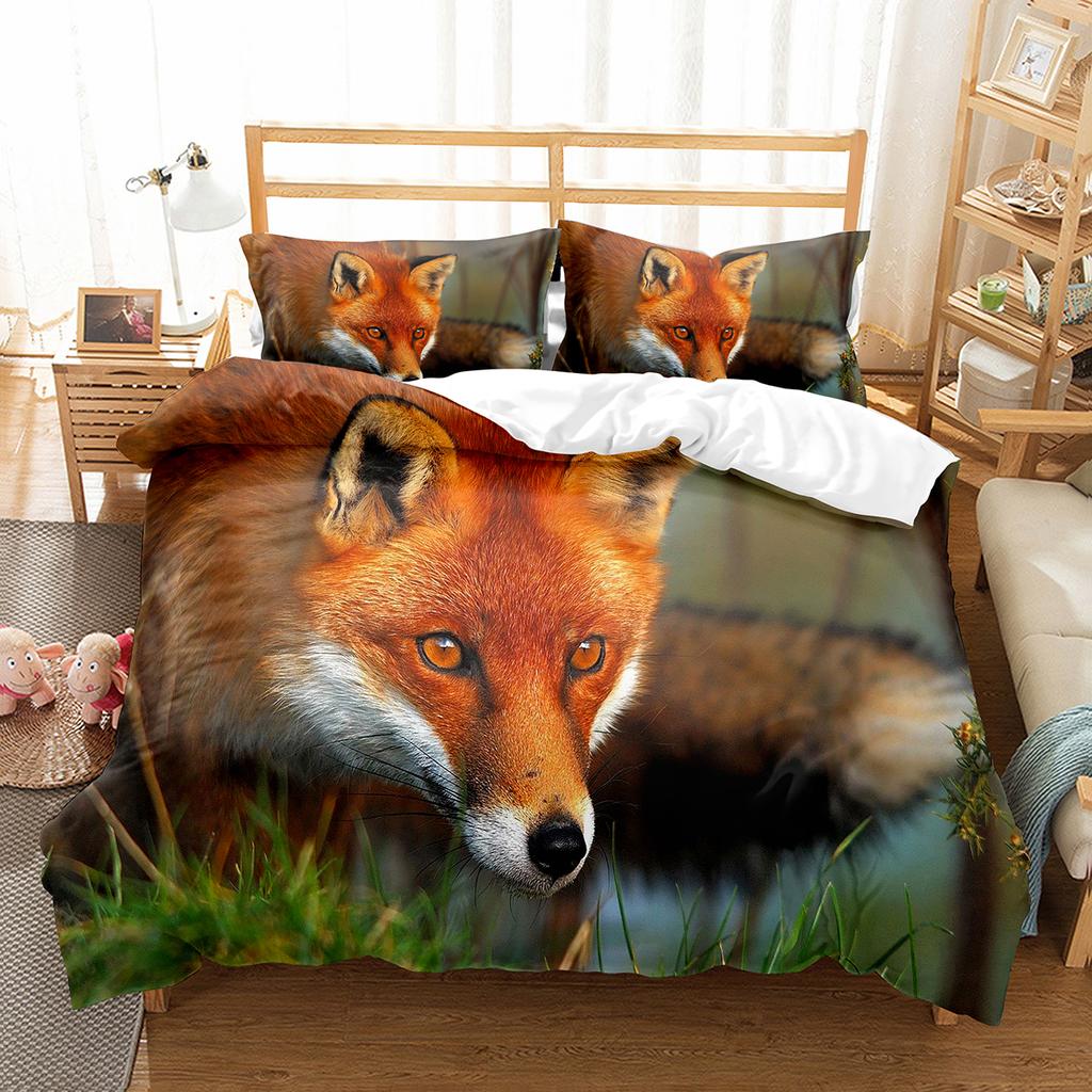 Fox Duvet Cover Set Cartoon Cute Fox Polyester Comforter Cover King Queen Full Size For Kid Boy Girl Bedding Set With Pillowcase