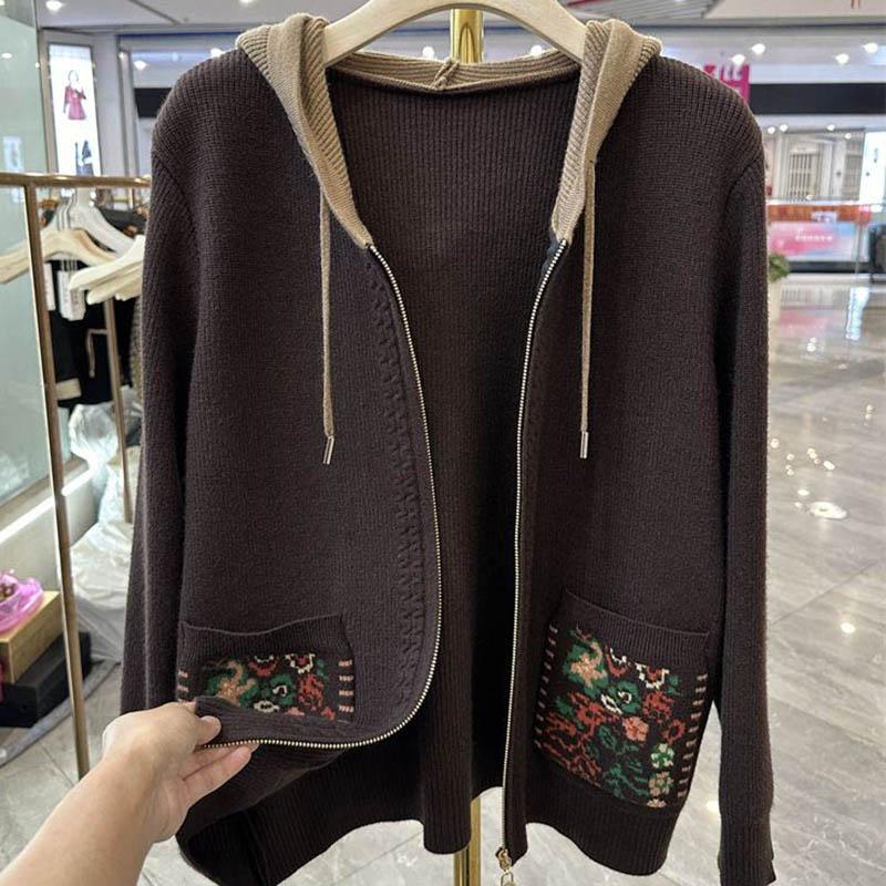 Sweaters Coat Cardigan for Women Autumn Winter Large Size Loose Long Sleeve Knit Cardigan Hooded Middle-Aged Sweaters Jacket