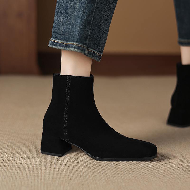 Krazing Pot 2026 cow suede nubuck Winter Square Toe Chunky Heels Chelsea Fashion Boots Women Zip Retro Women Ankle Boots