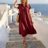 Women V Neck Short Sleeve Loose Fit Casual Dress Lightweight Solid Relaxed Midi Dress for Daily Wear Travel Office