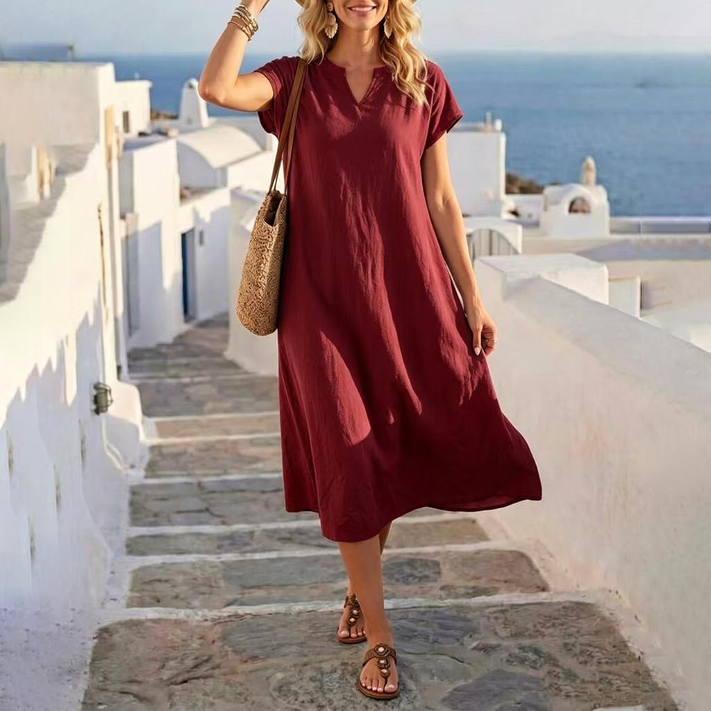 Women V Neck Short Sleeve Loose Fit Casual Dress Lightweight Solid Relaxed Midi Dress for Daily Wear Travel Office