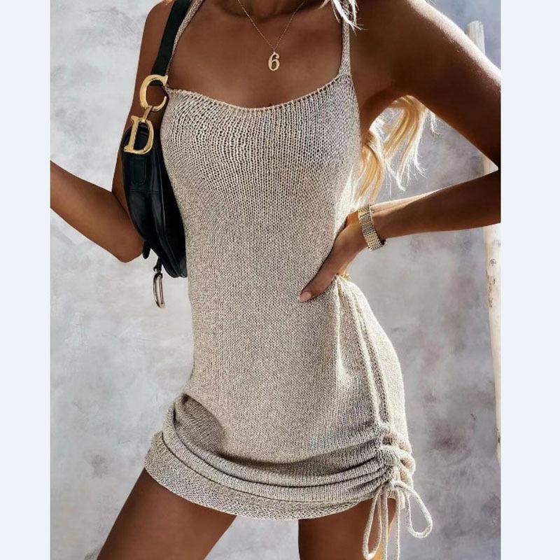 Moda donna estate primavera stampa tinta unita bretelle senza maniche abiti casual vita media